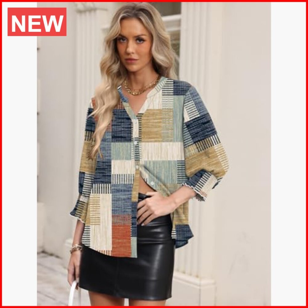 Polyester Blend 3/4 Sleeve Button Down Shirt V-Ne… - image 3